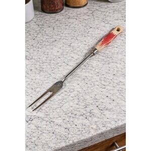Vintage BBQ Carving Fork Wood Handle Red Paint Rustic 13 Inch